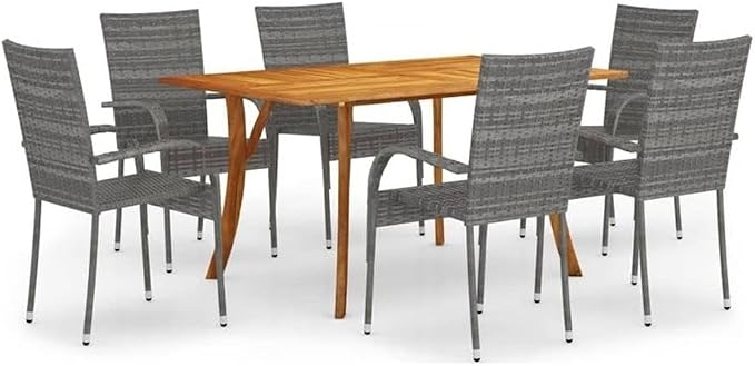 Afuera Living 7-Piece Solid Acacia Wood Patio Dining Set, Gray PE Rattan Stackable Chairs, Oiled Finish, Outdoor-Only, Contemporary Design for Garden, Terrace, Balcony, Seats 6