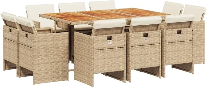 11-Piece Patio Dining Set with Cushions Beige Poly Rattan Outdoor Furniture Set for Garden Backyard Balcony Porch