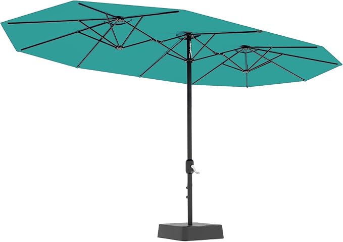 GarveeLife 15 ft Large Patio Umbrella with Base Included, Double-Sided Outdoor Market Rectangle Umbrellas Oversized Shade for 2-8 People, Weighted Base for Pool, Deck, Backyard (Misty Blue)