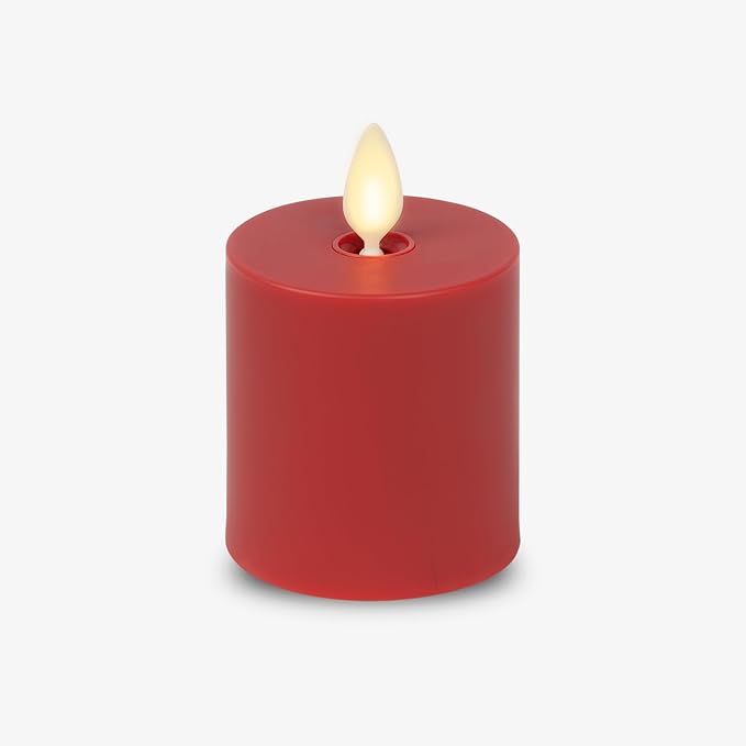 Luminara Outdoor Votive Flameless LED Candle, Cherry Red 2" x 3.2", Moving Flame Battery Operated Timer Remote Ready IPX4 Matte Plastic Finish