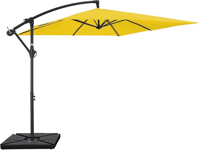 FUNDAZE 8x8ft Hanging Cantilever Patio Umbrella with Base, Square Outdoor Sun Shade with Crank & Tilt for Garden, Backyard, Deck