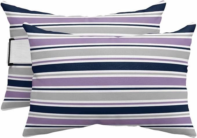 Pack of 4 Outdoor Lumbar Pillow Covers 11x16 Inch, Purple Grey Striped Waterproof Throw Pillow Covers Set, Farmhouse Stripes Modern Abstract Art Outside Decorative Cushion Cases for Patio Porch Car