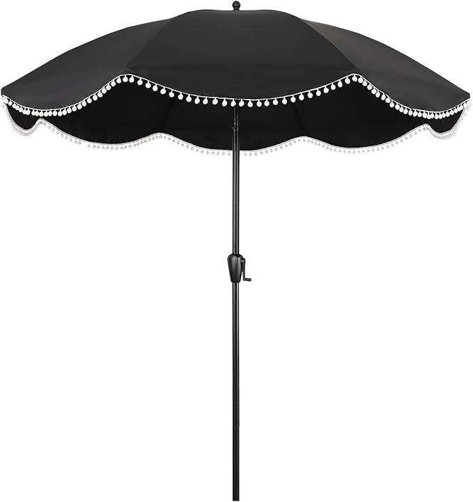 9' Patio Umbrella with Black Canopy and White Fringe Accents, Black Frame Market Umbrella for Patio, Deck, and Backyard by Sun-Ray