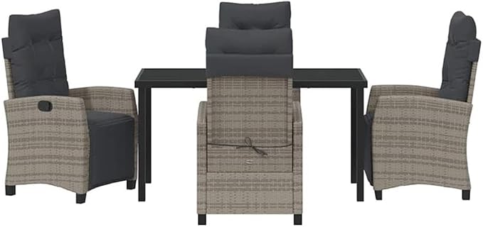 Afuera Living 5 Piece Poly Rattan Garden Dining Set, Gray Woven Finish, Outdoor Furniture with Cushions, Glass Tabletop, Steel Frame, Adjustable Chairs, Modern Patio or Garden Seating for 4