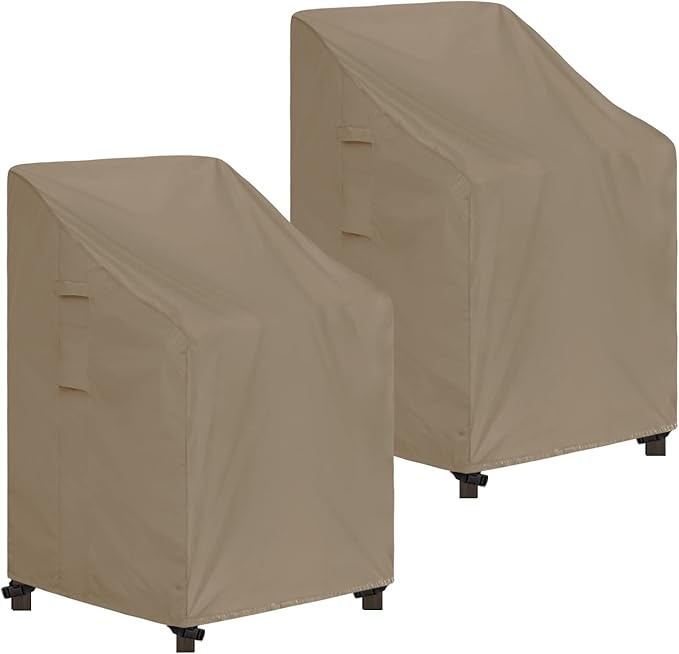 Easy-Going Stackable Patio Chair Cover UV Resistant Outdoor Chair Cover Waterproof Lawn Patio Furniture Covers Fits for 4-6 Stackable Dining Chairs (2 Pack-28Wx36Dx47H inch, Camel)