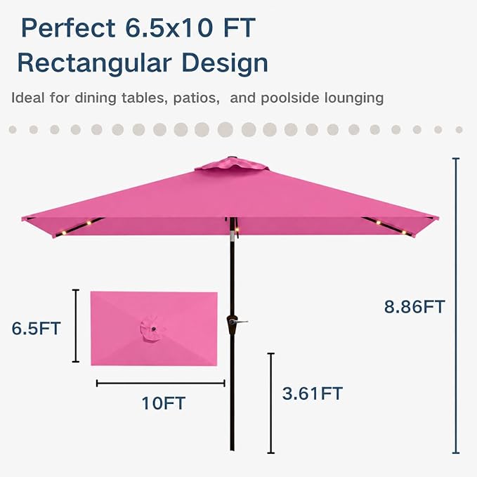 6.5 x 10ft Rectangular Patio Umbrella with Solar Lights, 16 LED Lighted Market Umbrella with Push-Button Tilt and Crank, 6 Sturdy Iron Ribs for Garden, Deck, Pool, Rose Pink