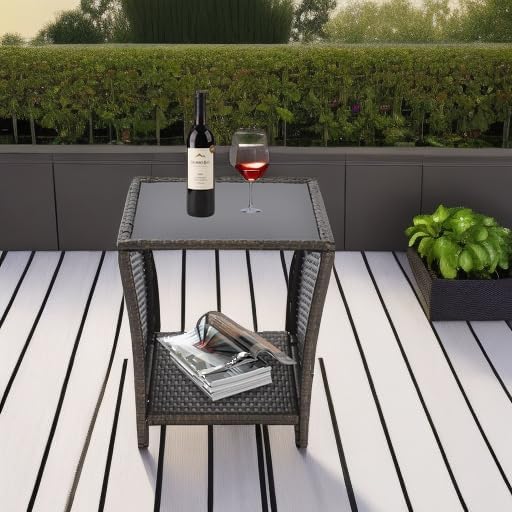 Patio Wicker Storage Side Table,Outdoor PE Rattan Woven Coffee End Table with Tempered Glass Top for Indoor Outdoor Porch Lawn Poolside Garden Backyard Balcony(Dark Blonde)