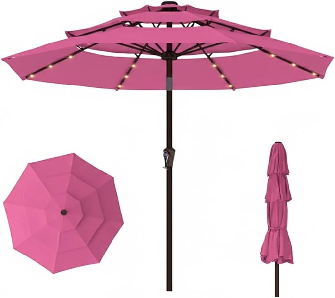 10ft 3-Tier Patio Umbrella with 32 Solar Powered LED Lights, Windproof Outdoor Market Umbrella for Deck, Poolside & Garden, Sturdy Push-Button Tilt Table Umbrella, Rose Pink