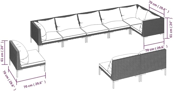 9 Piece Patio Lounge Set with Cushions,Patio Furniture Set,Outdoor Sectional Sofa,Patio Conversation Seat,Deck Casual Furniture,Backyard Decor,for Garden,Backyard, Poolside,Poly Rattan Dark Gray