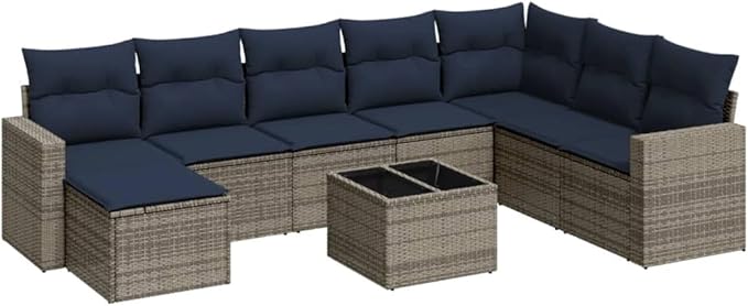 vidaXL Patio Sofa Set with Cushions 9 Piece, Outdoor Conversation Set, Sectional Sofa for Balcony Garden, Patio Furniture, Gray Poly Rattan