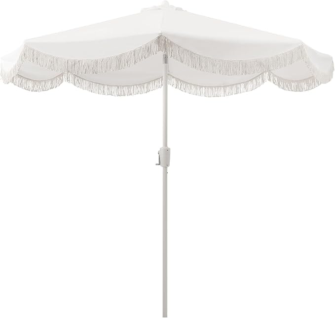 Tempera 9ft Auto Tilt Scalloped Patio Umbrellas with Fringe, Outdoor Table Umbrellas with Fade Resistant Canopy, 8 Sturdy Rids, Luxurious Vintage Umbrellas for Lawn, Pool, Deck, Balcony
