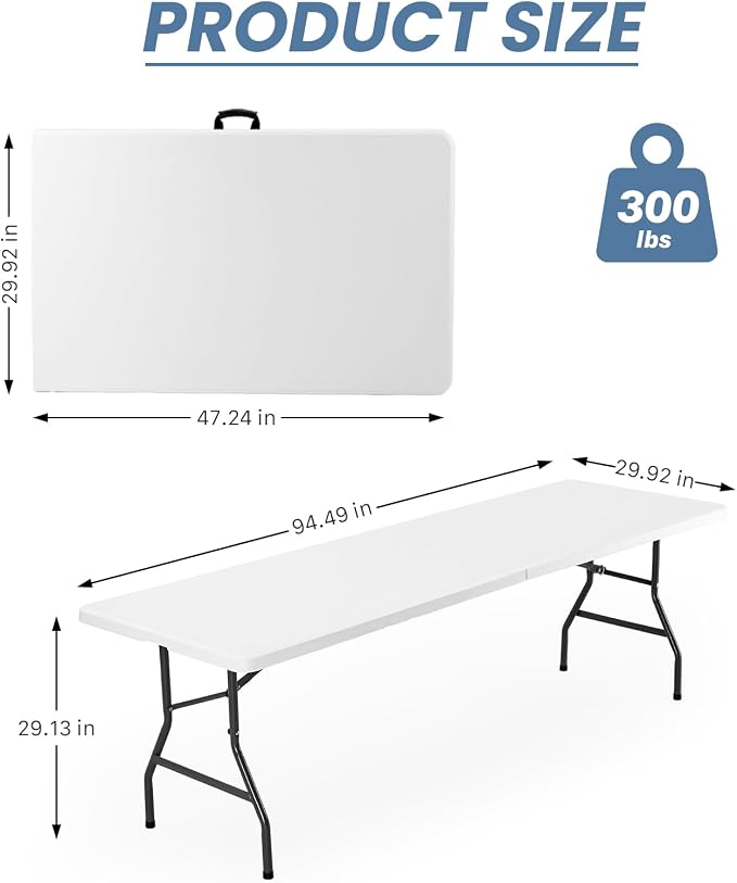 Sweetcrispy 8 FT Folding Picnic Table Easy to Fold and Store, Foldable Table for Camping Picnic Dining Party Kitchen Outdoor Indoor with Carrying Handle