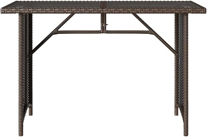 Brown PE Rattan Garden Table with Tempered Glass Top 43.3 x 26.8 in, Powder-Coated Steel Frame, UV Resistant Small Patio Table for Outdoor Dining and Balcony Use
