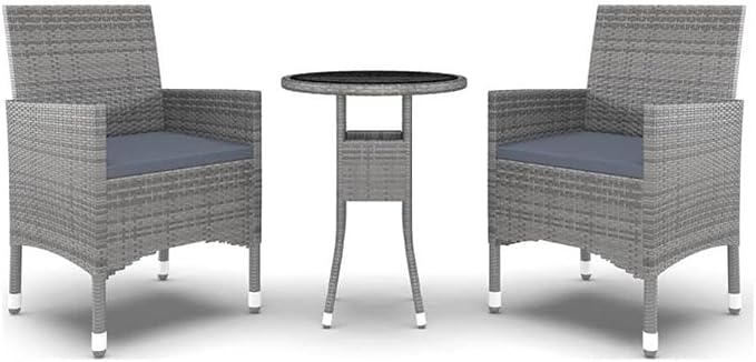 BOWERY HILL 3 Piece Patio Dining Set, Compact Gray Poly Rattan with Cushioned Seats, Tempered Glass Table, Weather-Resistant Outdoor Garden Furniture for Small Spaces, Modern Design, Seating for 2