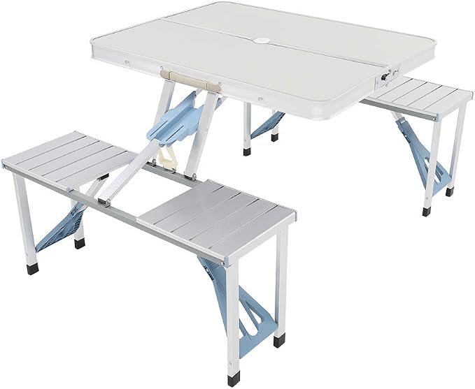 Picnic Table,Folding Picnic Table with Umbrella Hole, Aluminum Suitcase Portable Outdoor Table with Bench, Patio, Porch or Camping Table and Chair Set (Silver, Aluminum Alloy)