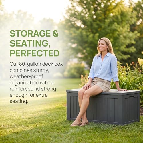 80 Gallon Deck Box, Waterproof Resin Outdoor Storage Box with Lockable Lid, Patio Storage Box Featuring Fade Resistant for Patio Furniture Cushions, Pool Accessories, Garden Tools, Black