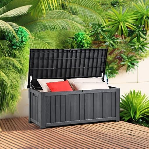 YITAHOME 120 Gallon Outdoor Storage Deck Box, Large Resin Patio Storage Box with Slide-Locking Lid, 53" L 2-Person Bench Seat for Outdoor Pillows, Garden Tools & Pool-Supplies, Waterproof (Dark Gray)
