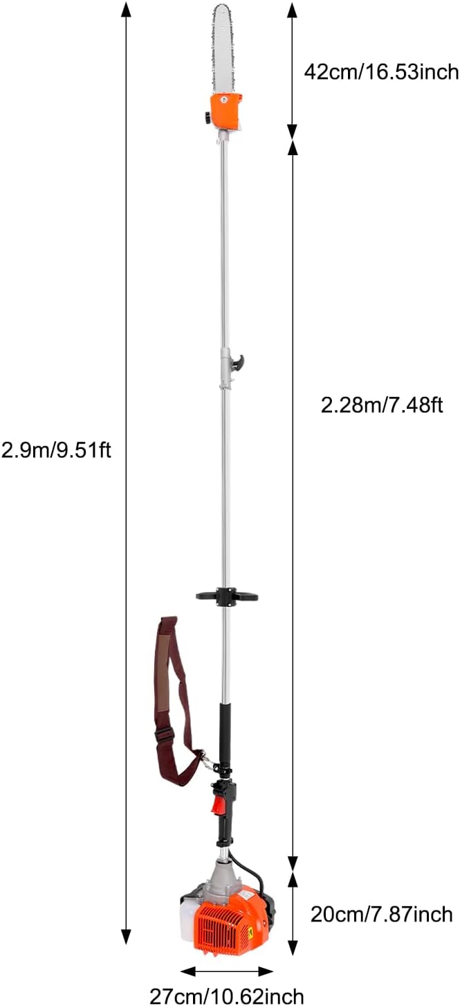 LOYALHEARTDY Pole Chainsaw 52CC 2-stroke Gasoline Pole Chainsaw, 9.5Ft Long Reach Tree Trimmer Tree Pruner Saw Gas Powered Tree Trimmer Pole Chainsaw Pruner Tree Pruner Gas Power