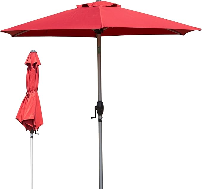 Domi 7.5FT Patio Umbrella Outdoor Market Umbrella with Silver Aluminum Pole, UV Resistant Canopy, Wind Vent, Tilt & Crank System, Perfect for Patio, Garden, Deck, Pool, Outdoor Dining, Red