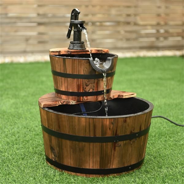 2-Tier Rustic Barrel Water Fountain, Solid Fir Wood Outdoor Fountain with Hand Pump for Patio, Garden, Backyard, Lawn Decoration