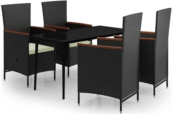 BOWERY HILL Powder-Coated Steel 5-Piece Garden Dining Set, Black Frame with Cream Cushions, Rectangular Glass Tabletop, Weather-Resistant Outdoor Patio Furniture for Gardens, Terraces, and Balconies