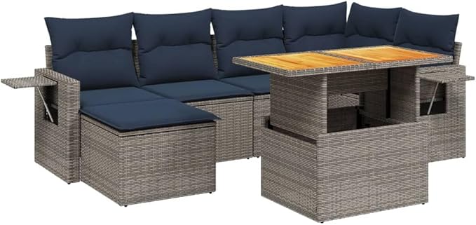 vidaXL Patio Sofa Set with Cushions 7 Piece, Outdoor Sectional Sofa Couch, Patio Conversation Set for Garden Backyard, Gray Poly Rattan