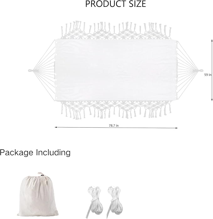 Double Boho Macrame Hammock Cotton Canvas Portable Replacement Hammock 440lbs Load Capacity White