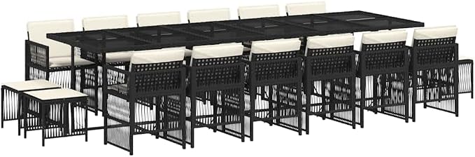 17 Piece Garden Dining Set Black Cream White | Poly Rattan, Powder-Coated Steel, Outdoor Patio Furniture, Family Meals