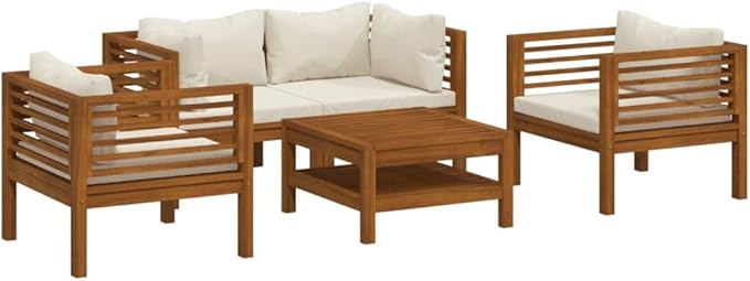 5 Piece Patio Lounge Set, Sectional Sofa Garden Lounge Set Patio Conversation Set Porch Furniture Set for Piazza Poolside Garden Exhibition with Cream Cushion Solid Acacia Wood