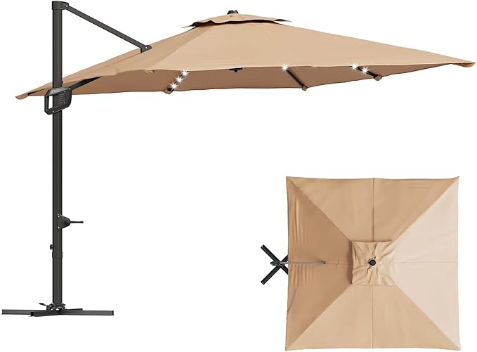 10x10 ft Double Roof Square Cantilever Patio Umbrella with Solar LED Lights & Cross Base – 360° Rotation, Heavy-Duty Sun Shade with Easy Tilt for Backyard, Poolside, and Garden Use, Navy Blue