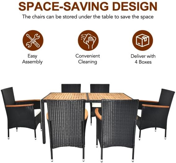 7 Pieces Patio Furniture Set, Rattan Dining Table & Chair, Backyard Furniture Outdoor Conversation Set for Garden, Patio Dining Sets