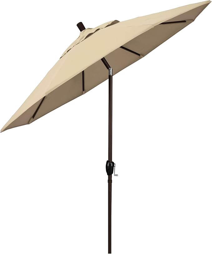 California Umbrella 7.5' Round Aluminum Market Umbrella, Crank Lift, Push Button Tilt, Bronze Pole, Sunbrella Antique Beige