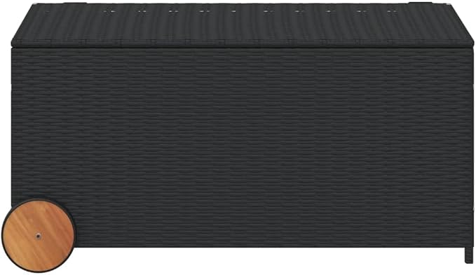 50.2 Gal Outdoor Storage Box with Wheels, Patio Rattan Deck Box, Wicker Garden Storage Bin Deck Box, Poly Rattan Patio Storage Chest with Hinged Lid, 42.1"x21.7"x19.7"/20.9" Black
