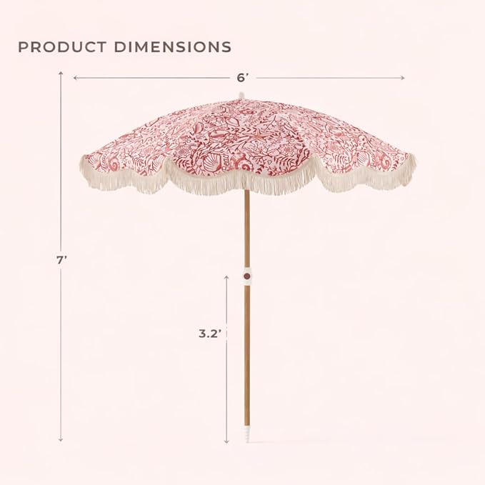 6FT Fringe Beach Umbrella for Sand, Boho Coastal Patio Umbrella with Tassels, UPF 50+ Sun Protection, Tilt, Carry Bag for Beach Vacation & Pool, Reef Crimson