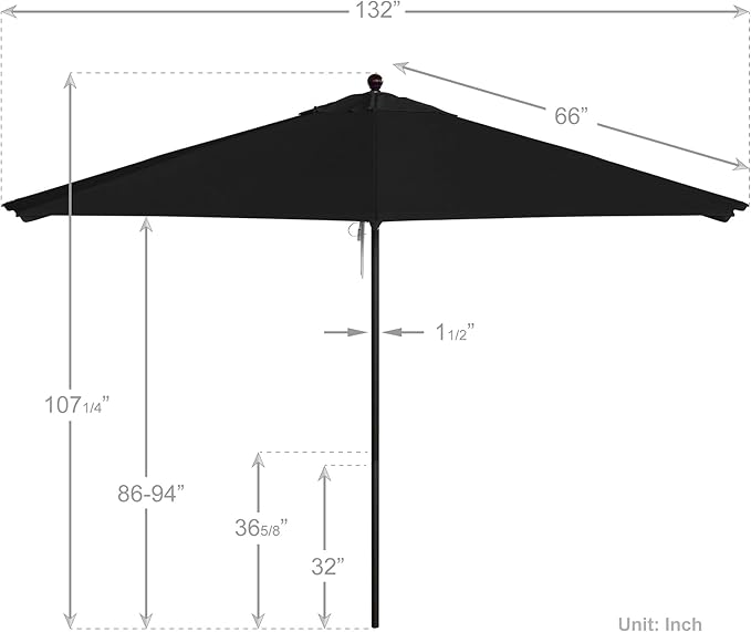 California Umbrella 11Ft Commercial Grade Sunbrella Fabric Market Umbrella, Pulley Lift, Aluminum/Fiberglass, 2mm pole wall, Bronze Frame, Black Fabric
