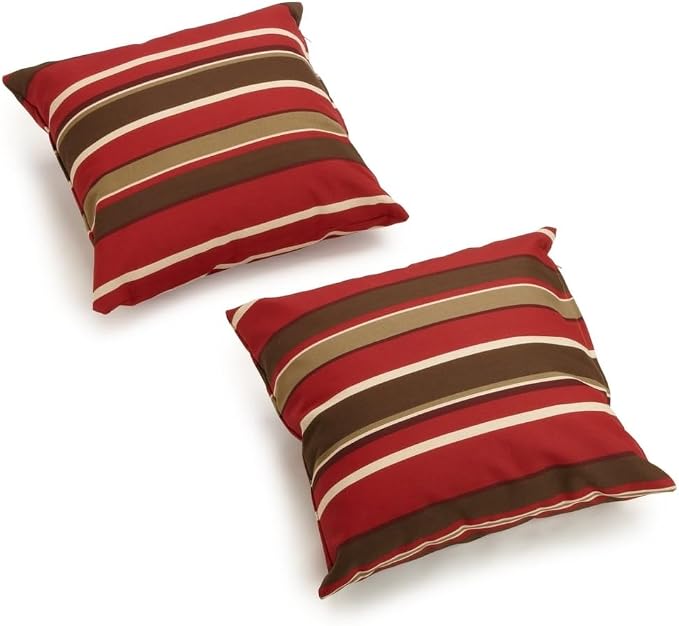 Indoor Outdoor Cabin & Lodge Red Brown Strips Accent Throw Pillows Patio Furniture Cushions Set of 2 | All-Weather Water Resistant Protective Fabric Reversible Chair Couch 17" W X 17" D X 8" H