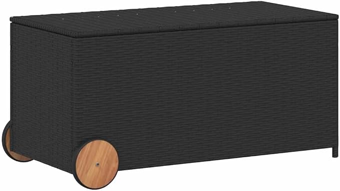 Garden Storage Box 50 Gallon, Outdoor Deck Box with Wheels, Weather-Resistant PE Rattan Patio Organizer for Cushions, Pillows, Tools, Black, 42.1 x 21.7 x 20.9 in