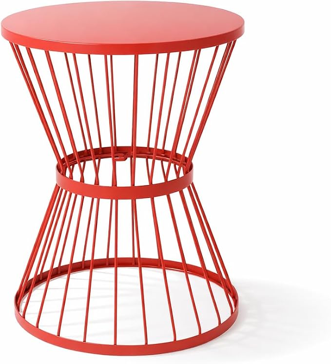 Small Patio Side Table, Metal Outdoor End Table, Round Accent Table for Balcony Garden Porch, with Modern Wire Frame, Lightweight for Outdoor Indoor Use, Red (Red)