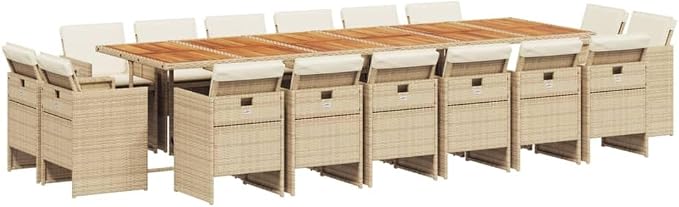 17-Piece Outdoor Patio Dining Set with Cushions Beige PE Rattan Furniture, 16 Foldable Chairs & Acacia Wood Table for Backyard Garden Balcony Porch