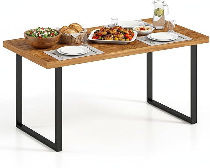 Tangkula 63" Acacia Wood Patio Dining Table for 6 People, Indoor Outdoor Wooden Rectangular Dining Table with Heavy-Duty Metal Legs & 1.97" Umbrella Hole, Patio Dining Table for Deck Garden, Backyard