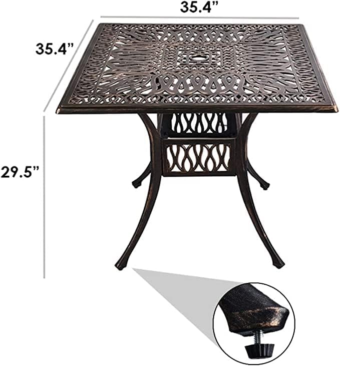 Grepatio 35.4" Square Cast Aluminum Dining Table, Compact Bistro Table with 2" Umbrella Hole Conversation Table, Antique Bronze