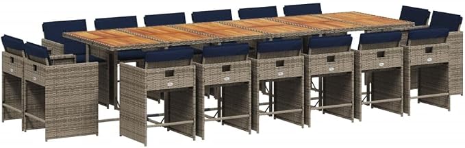 17 Piece Patio Dining Set with Cushions Gray Poly Rattan Outdoor Table and 16 Chairs for Garden Backyard Dining Folding Space Saving Acacia Wood Top UV Protected