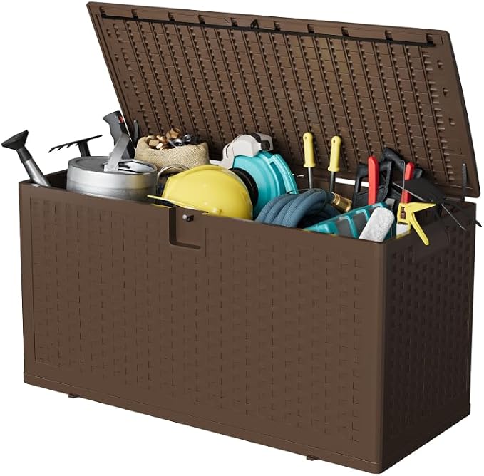150 Gallon Outdoor Storage Box, Large Waterproof Resin Deck Box Indoor and Outdoor Use, Lockable Patio Storage Box for Garden Cushions, Tools, Equipment, Brown