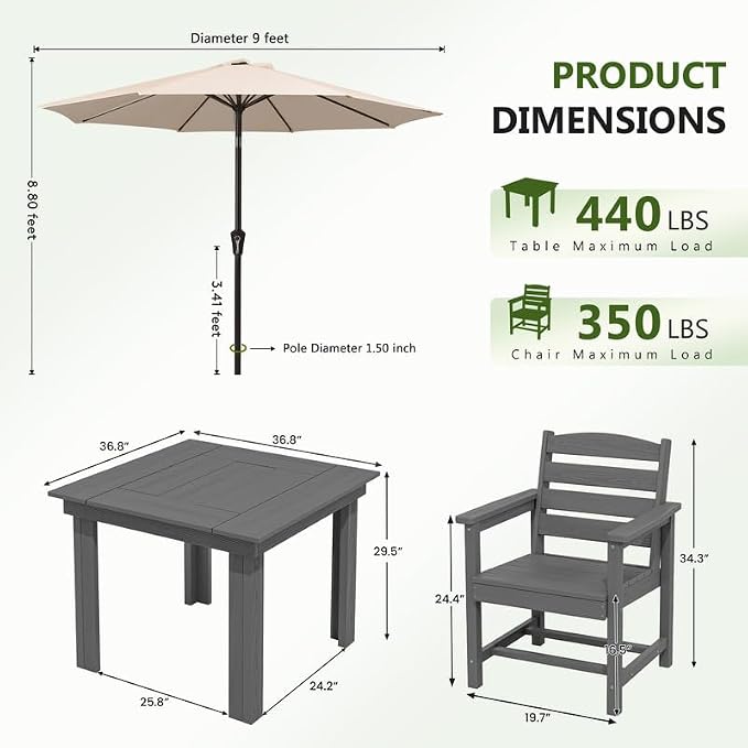KINGYES HDPE Outdoor Dining Set for 4 with Umbrella, 6-Piece Square Patio Table & Armchairs, All-Weather for Backyard, Garden, Lawn & Poolside, Gray