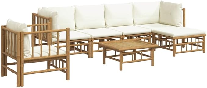 7 Piece Patio Lounge Set with Cream White Cushions, Sectional Sofa Outdoor Dining Sets Patio Conversation Set Porch Furniture Set for Garden Negotiation Area Piazza Poolside Bamboo