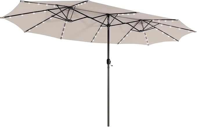 Giantex 15 FT Double Patio Umbrellas with 48 Solar LED Lights, Auto-Charging Panel, Crank System, Outdoor Extra-Large Rectangle Market Table Umbrella for Garden Deck Backyard Beach Pool