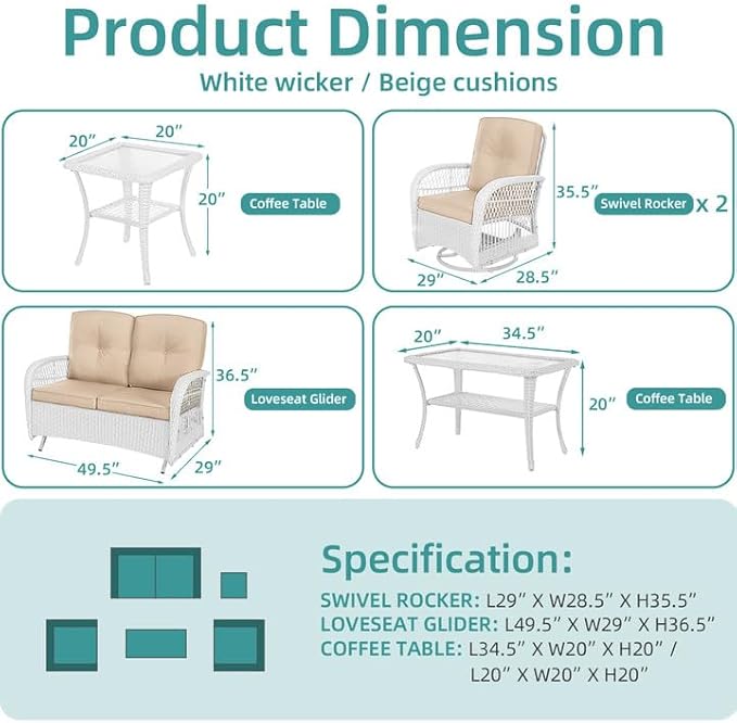 MEETWARM 5 Pieces Outdoor Patio Rattan Furniture Sets, All Weather Patio Wicker Conversation Set - 2 Rocking Swivel Chairs 1 Rattan Loveseat Glider with Cushions, 2 Coffee Table, White Wicker/Beige