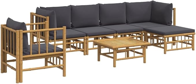 7 Piece Patio Lounge Set with Dark Gray Cushions, Patio Conversation Set Outdoor Dining Sets Front Porch Furniture Porch Furniture Set for Piazza Exhibition Poolside Garden Bamboo
