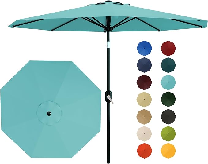 GarveeLife 9FT Patio Umbrella Outdoor, Table Umbrella with Push Button Tilt and Crank, 8 Sturdy Ribs UV Protection Waterproof for Garden, Pool, Market, Deck (Lake Blue)