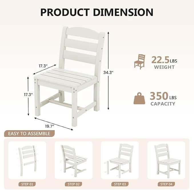 KINGYES 5-Piece HDPE Outdoor Dining Set for 4, Square Patio Table & Armless Chairs with Umbrella Hole, All-Weather Patio Dining Set for Backyard, Garden, Lawn & Poolside, White
